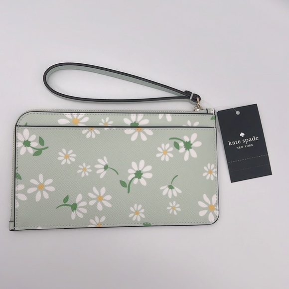 Kate Spade Lucy Day Tripper Daisy Medium L-Zip Wristlet Green White
